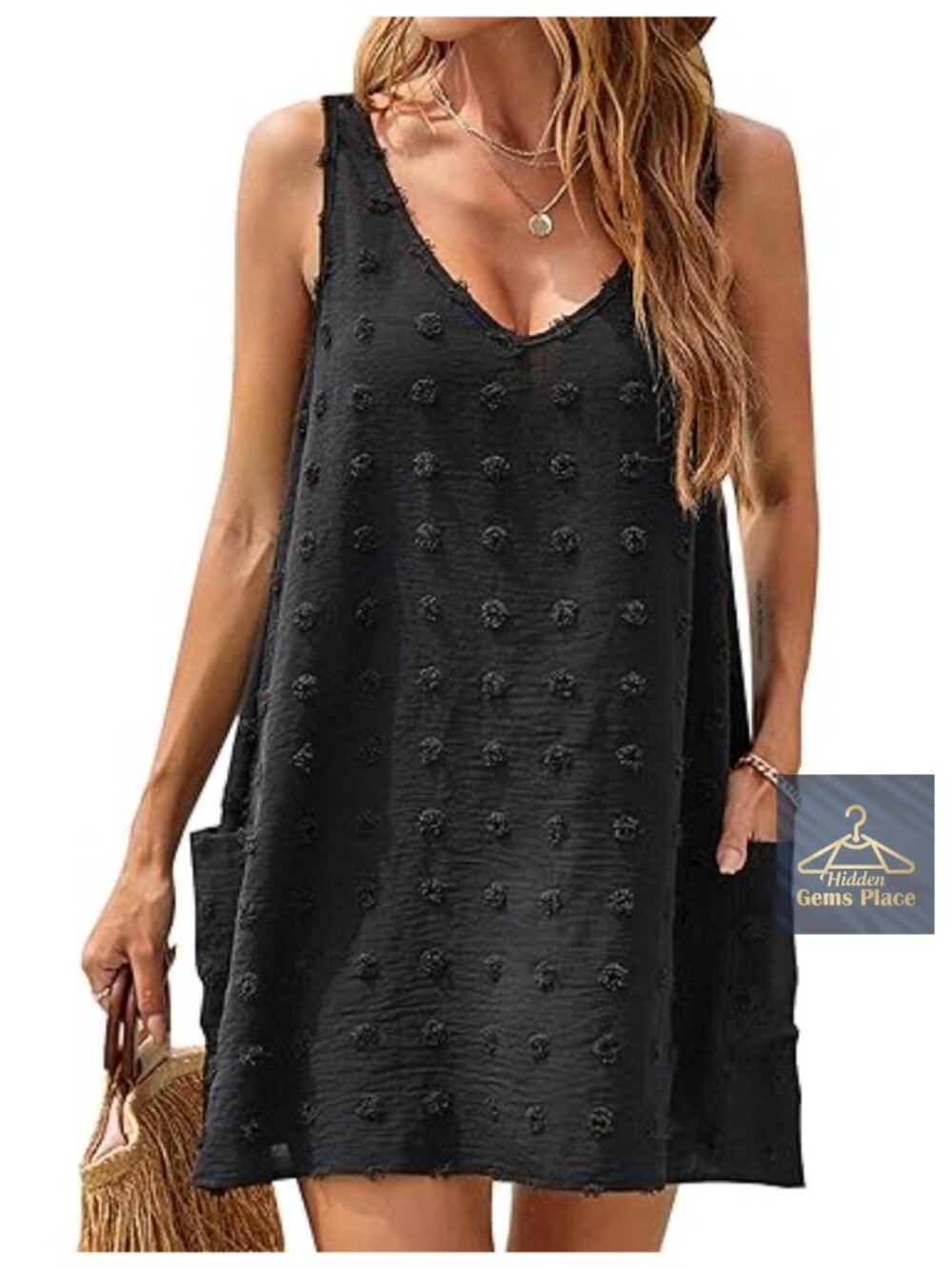Polka Dot Swimsuit Coverup V-Neck Short Sleeve Beach Dress with Pockets
